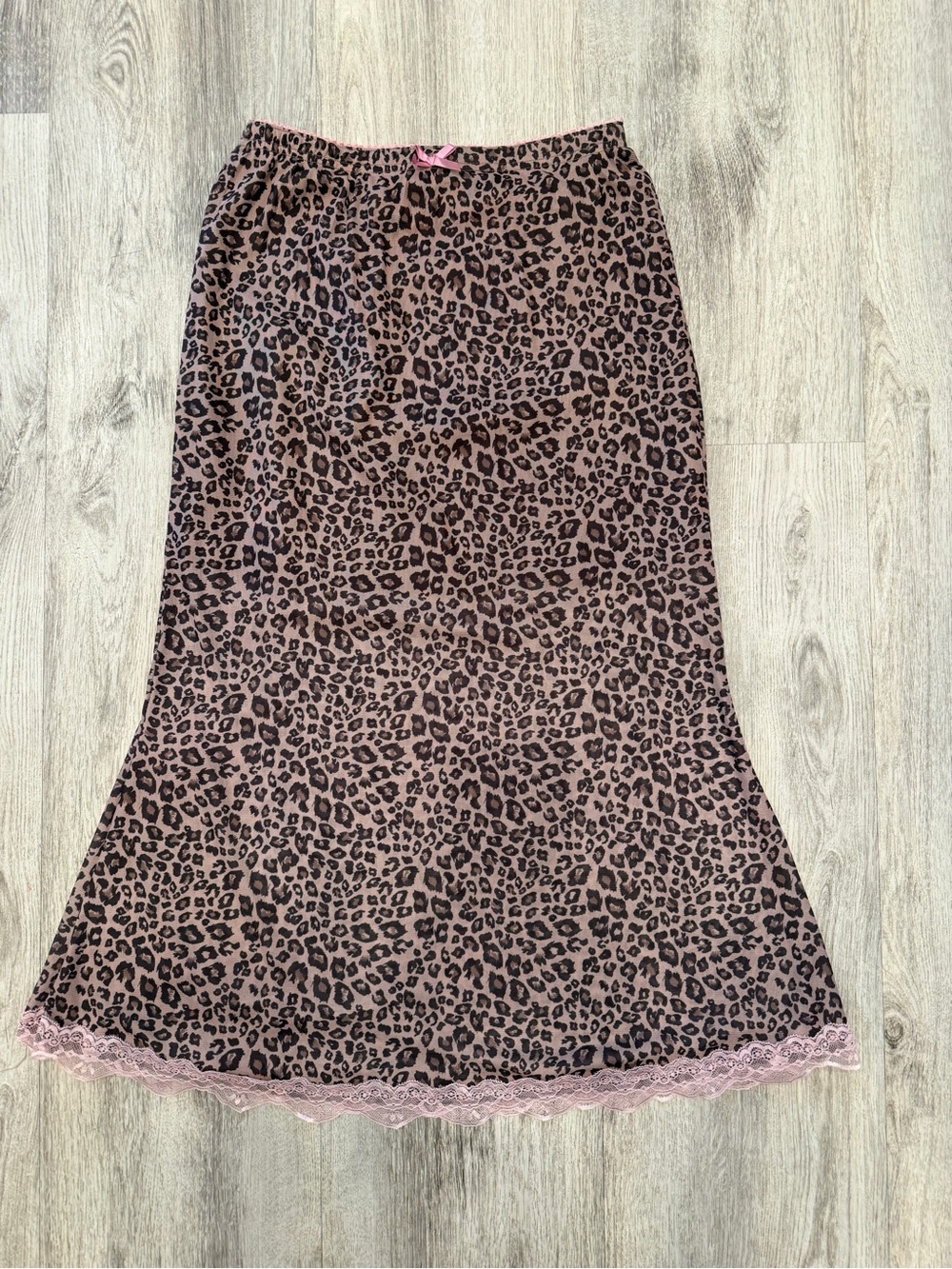 Y2K Leopard Print Lace Trim Midi Skirt Brown Pink Animal Print